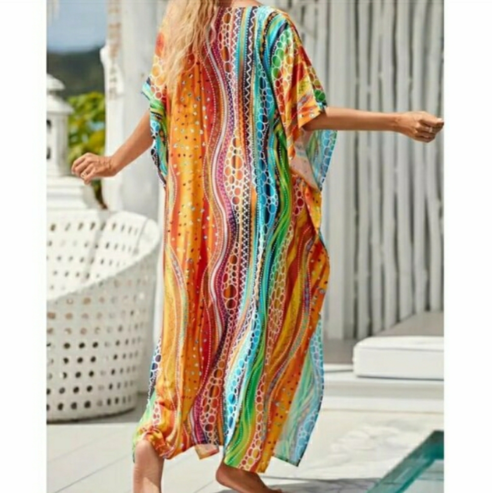Kaftan Dress Cover Up Swim Maxi Wavy Sunshine 2X Plus Size NEW 🌈 LAST 1 🌞 - Picture 7 of 13